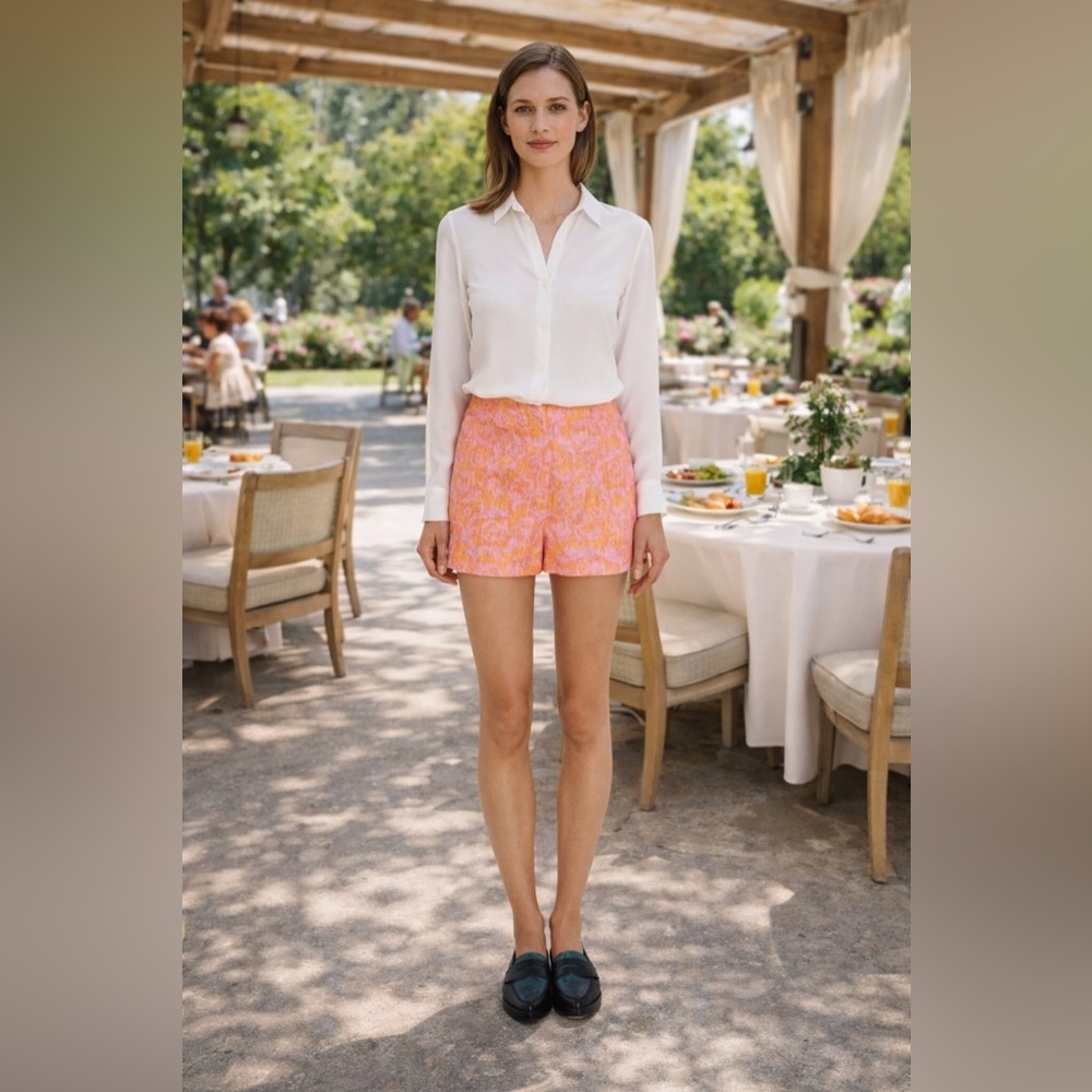 Elizabeth and James Addeline Orange Pink Jacquard Linen Shorts High Rise